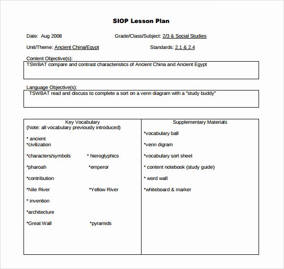 Siop Lesson Plan Templates Inspirational Sample Siop Lesson Plan 9 Documents In Pdf Word