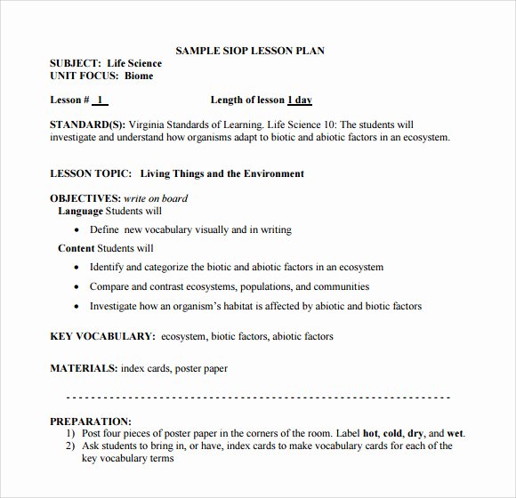 Siop Lesson Plan Templates New Sample Siop Lesson Plan 9 Documents In Pdf Word