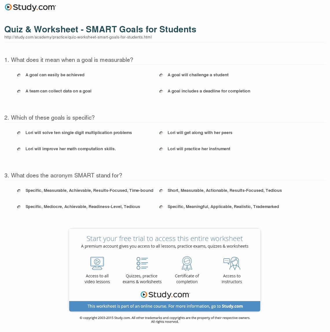 Smart Career Goals Examples Unique Quiz &amp; Worksheet Smart Goals for Students