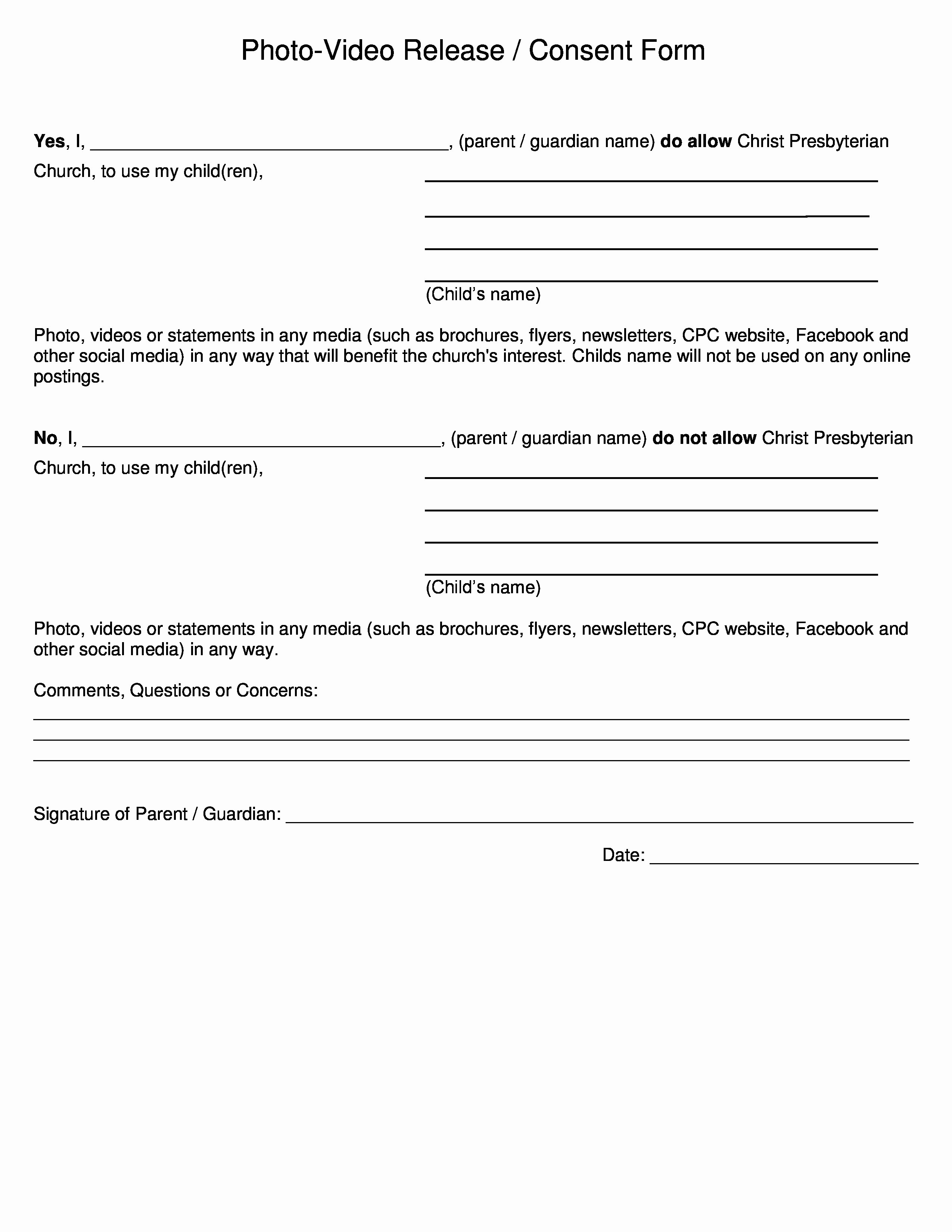 Social Media Permission form Awesome Video Release Consent form Christ Presbyterian Church