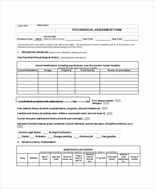 Social Work assessment form New Sample Psychosocial assessment 8 Examples In Word Pdf