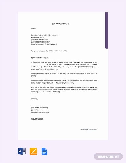 Sponsorship Letter for Visa Luxury Free Sponsorship Letter for Visa From Pany Template