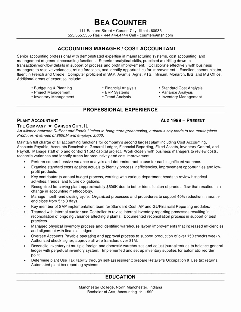 Staff Accountant Resume Summary Awesome Cost Accountant Resume