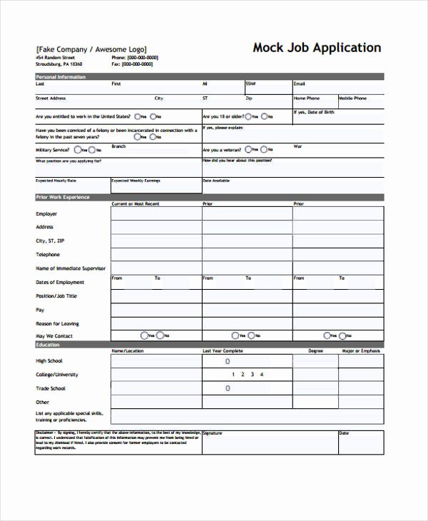 Standard Job Application New 9 Sample Standard Job Application form Free Sample