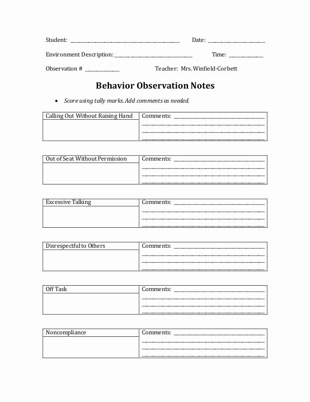 Student Behavior Observation Checklist Beautiful Behavior Observation Notes Template