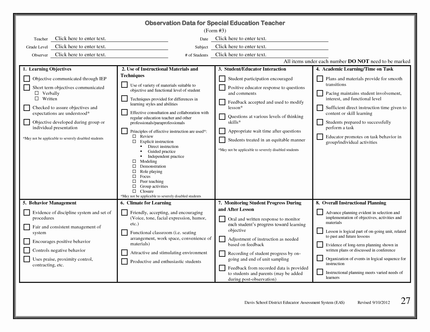 Student Behavior Observation Checklist Elegant Observation Data for Special Education Teacher