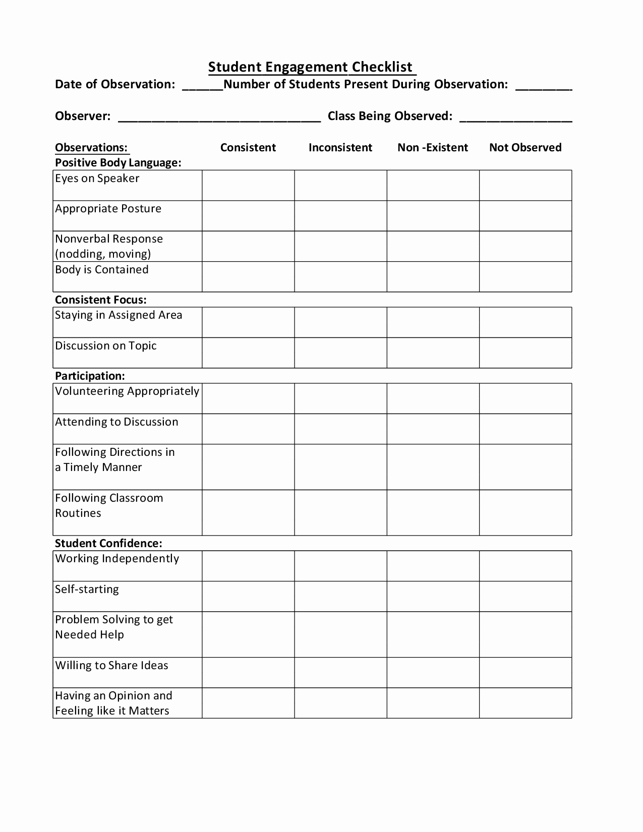Student Behavior Observation Checklist Fresh Student Engagement Observation Checklist