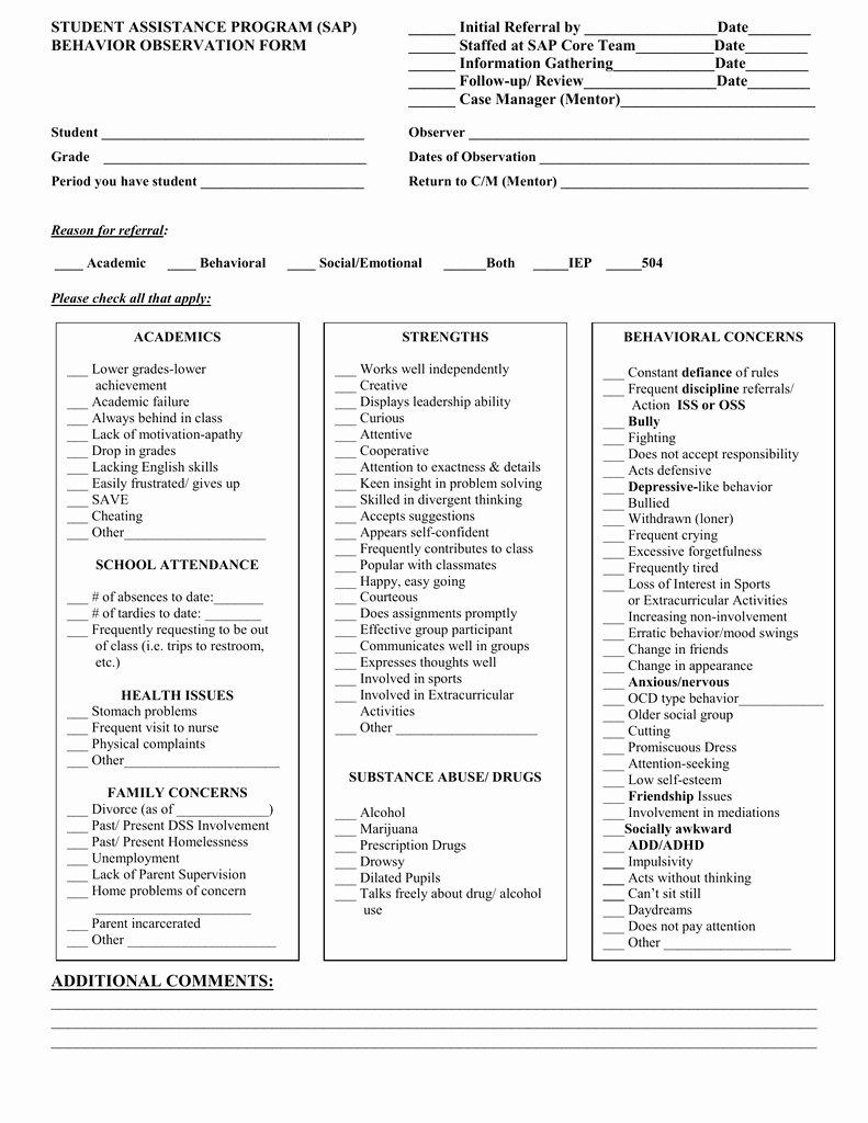 Student Behavior Observation Checklist Inspirational Student assistance Program Sap Initial Referral
