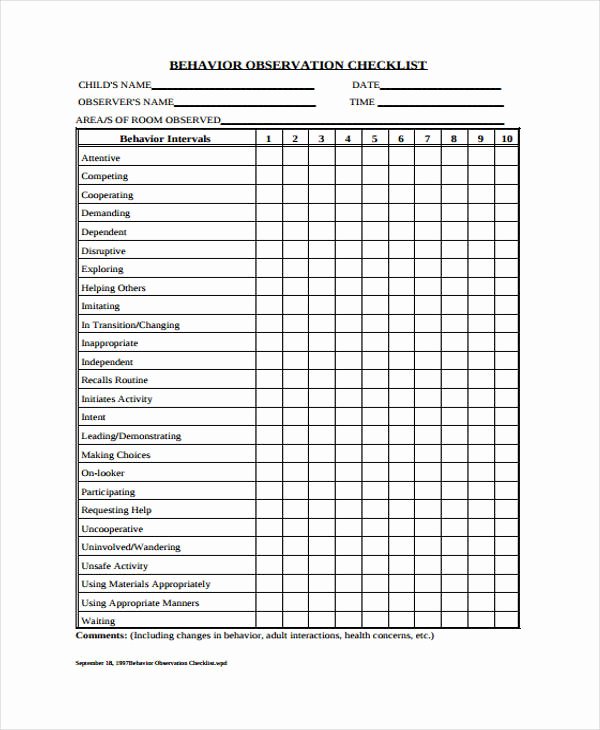 Student Behavior Observation Checklist New 10 Behavior Checklist Templates Free Pdf Word format