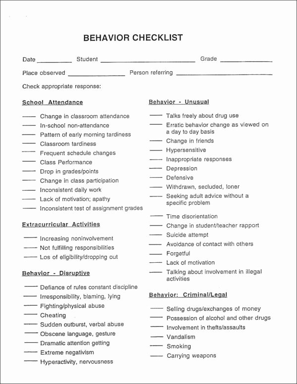 Student Behavior Observation Checklist New Free 17 Behavior Checklist Samples &amp; Templates In Pdf