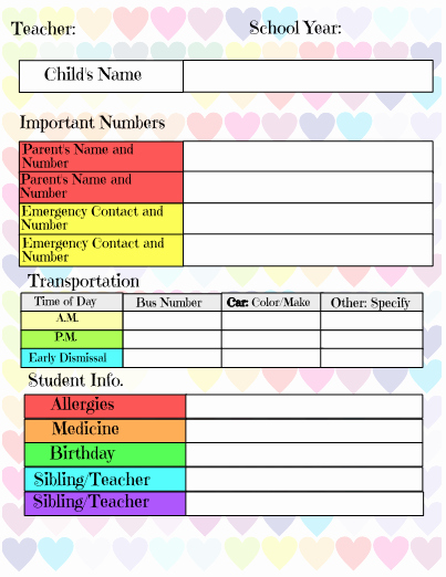 Student Information Sheet for Teachers Elegant Student Information Sheet
