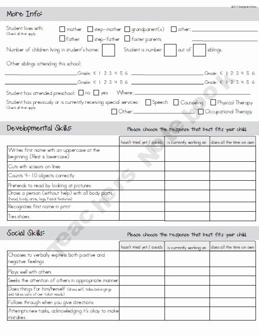 Student Information Sheet for Teachers Fresh Student Info for Kindergarteners
