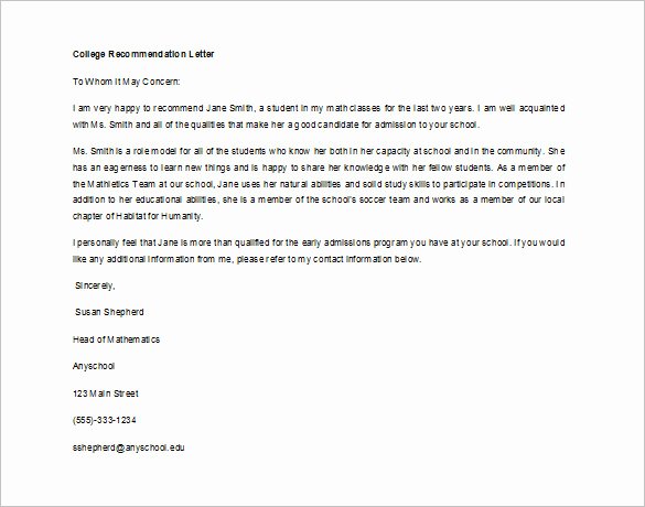 Student Letter Of Recommendation Samples Unique Re Mendation Letter for Student From Teacher Sample