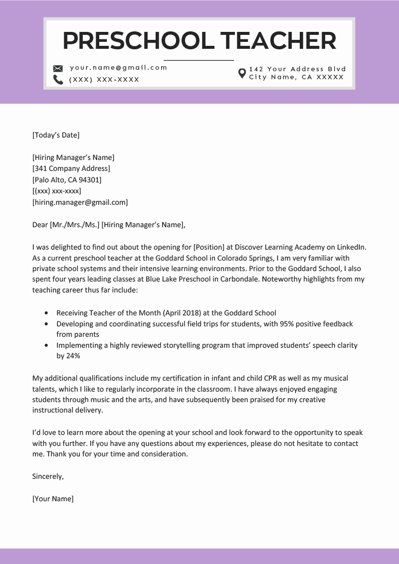 Teacher Cover Letter with Experience Elegant Preschool Teacher Cover Letter Example &amp; Writing Tips