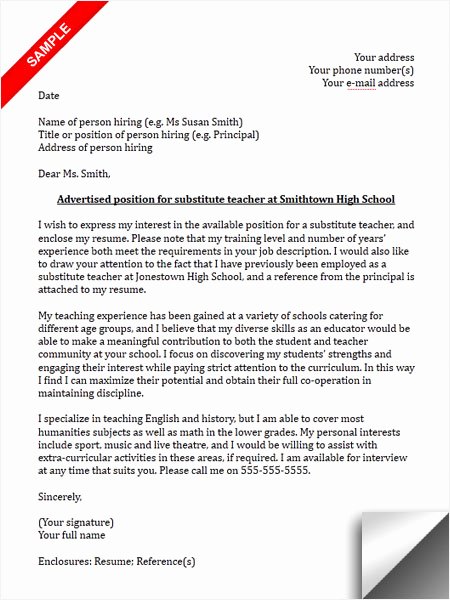 Teacher Cover Letter with Experience New Substitute Teacher Cover Letter Sample Limeresumes