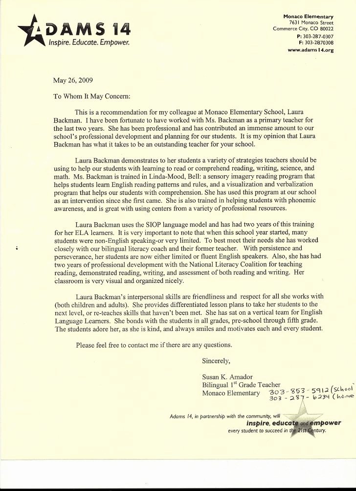 Teacher Letter Of Recommendation Sample New Letter Of Re Mendation From Elementary School Teacher