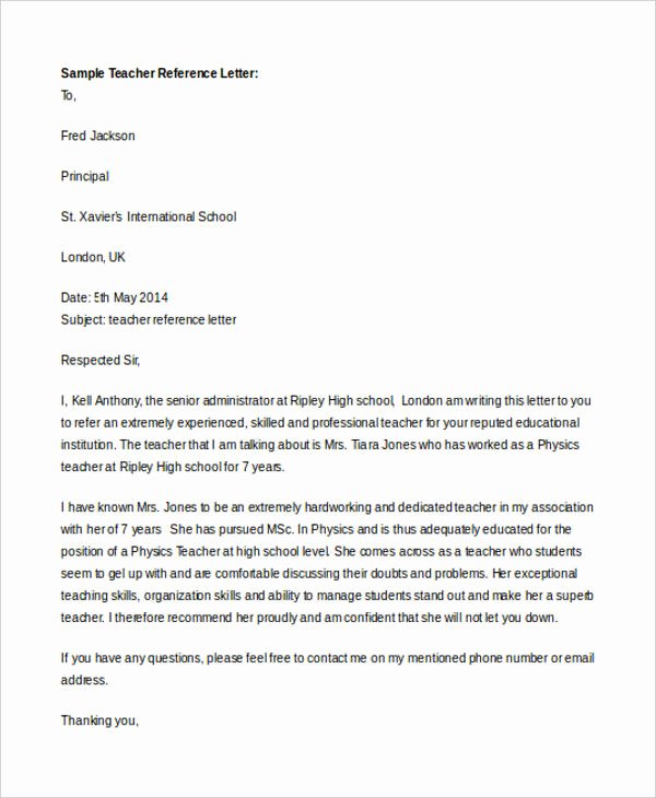 Teacher Letter Of Recommendation Samples Awesome 7 Teacher Reference Letters Free Samples Examples