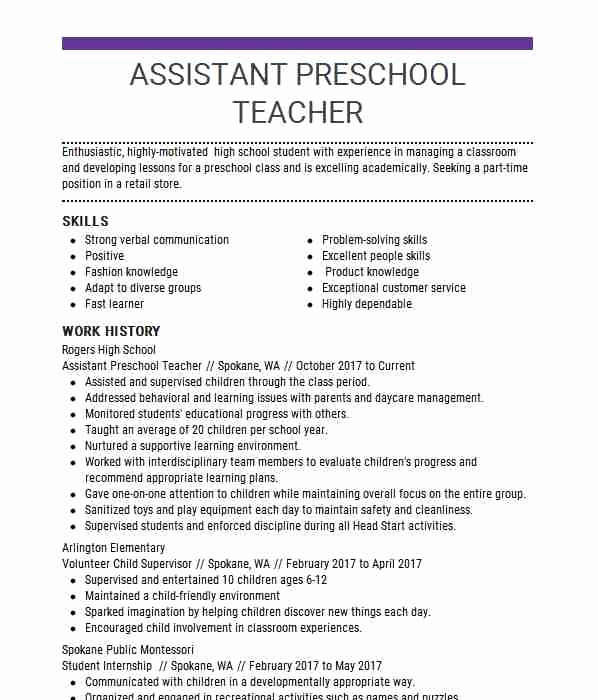 Teachers assistant Sample Resume Unique assistant Preschool Teacher Resume Sample