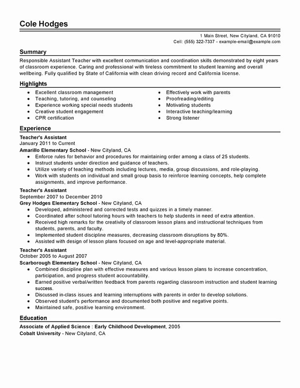 Teaching assistant Sample Resume Awesome Unfor Table assistant Teacher Resume Examples to Stand