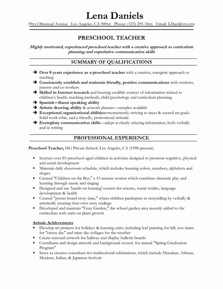 Teaching assistant Sample Resume Fresh Free Sample Preschool Teacher Resume