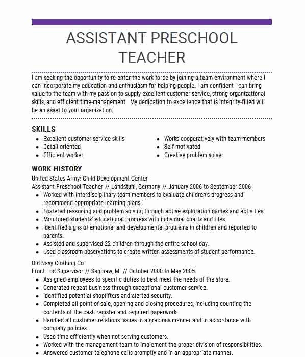 Teaching assistant Sample Resume Luxury assistant Preschool Teacher Resume Sample