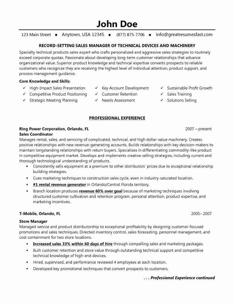 Technical Account Manager Resume Fresh Technical Machinery and Device Sales Manager Resume