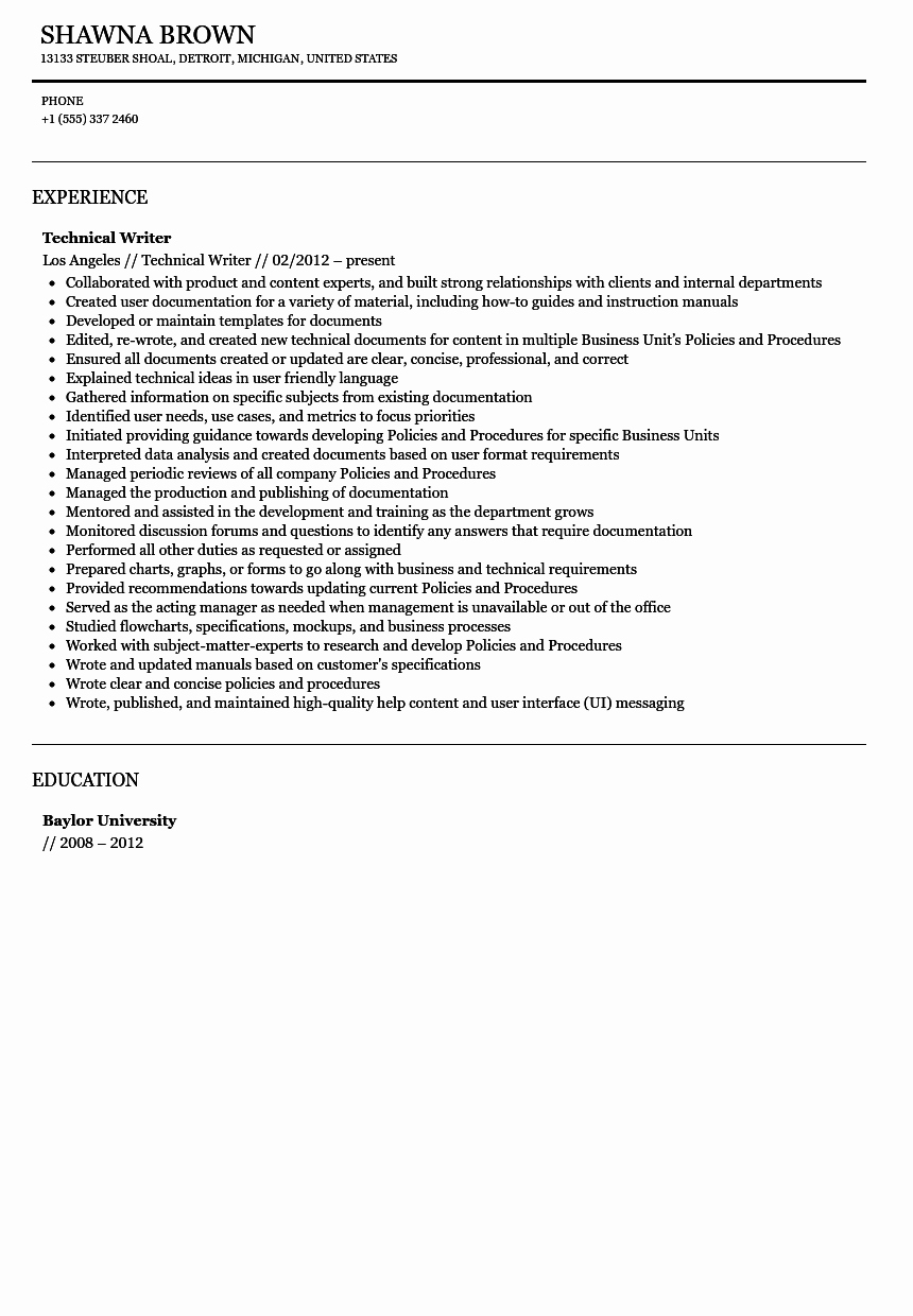 Technical Writer Resume Examples Inspirational Technical Writer Resume Sample