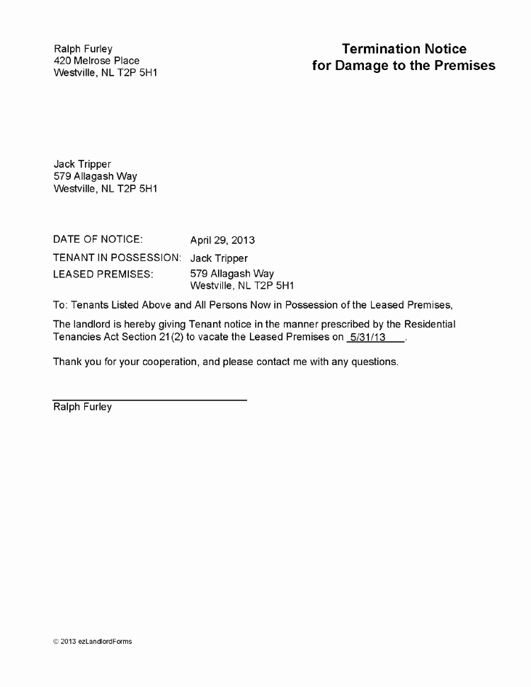 Tenant Letter to Landlord Unique Nl Termination Notice for Damage to Premises