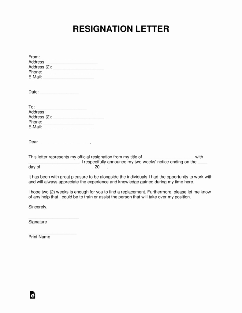 Two Week Notice forms Unique Two 2 Weeks’ Notice Resignation Letter Template – with