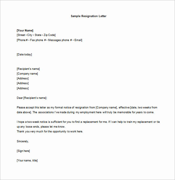 Two Week Resignation Letter Awesome 10 Sample Two Week Notice Resignation Letter Templates