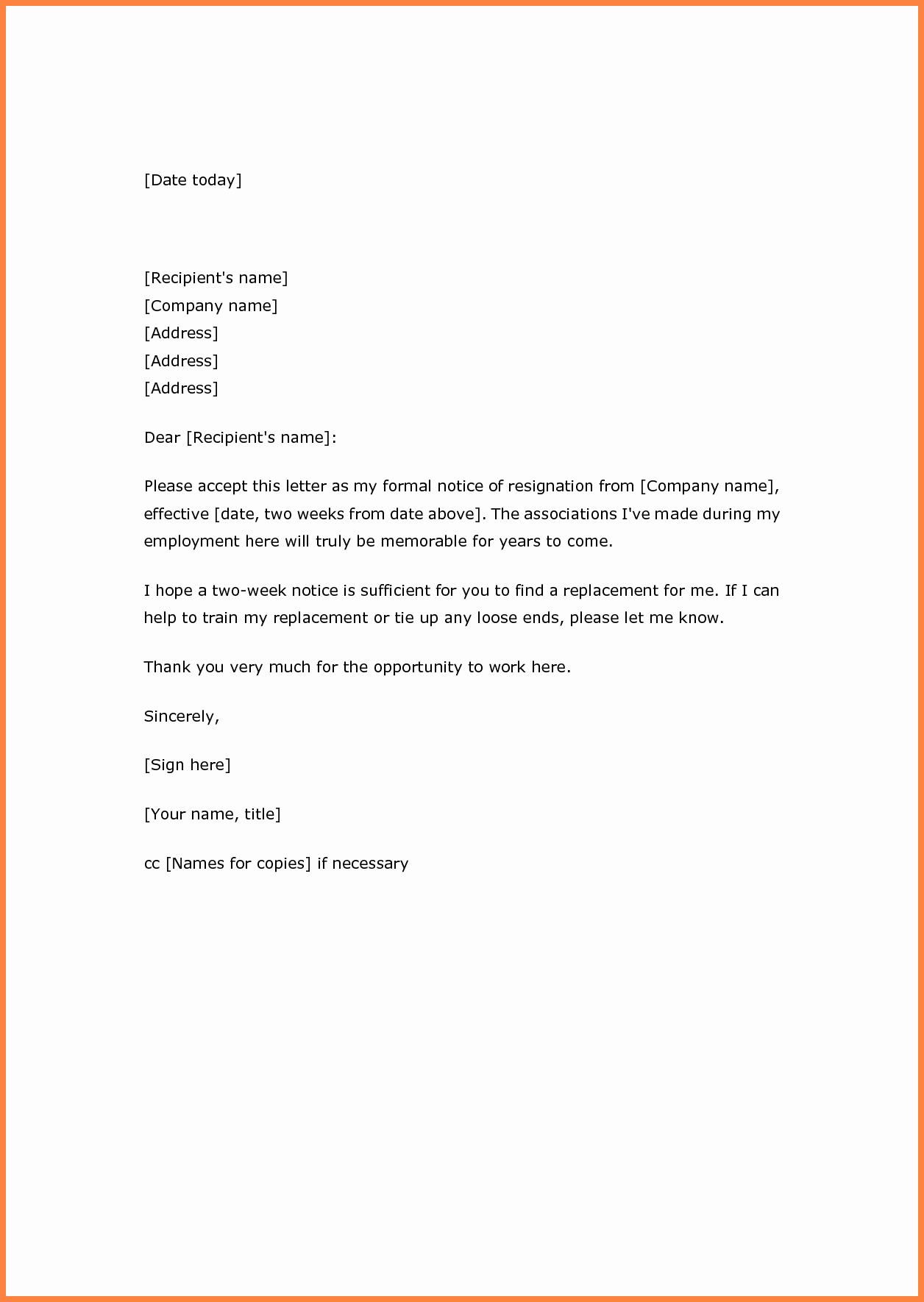 Two Week Resignation Letter New 8 Basic Two Weeks Notice Letter