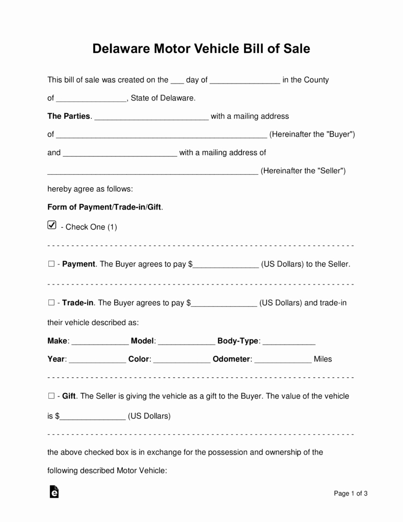 Vehicle Bill Of Sale Example Awesome Free Delaware Bill Of Sale forms Word Pdf