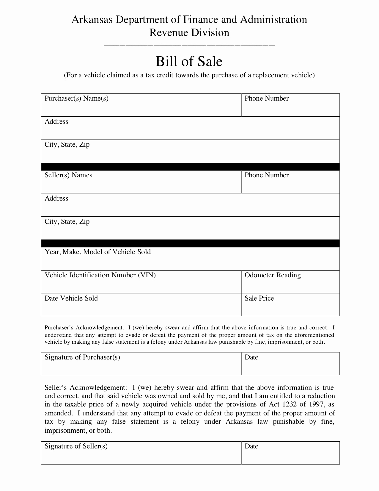 Vehicle Bill Of Sale Example Fresh Free Arkansas Bill Of Sale form Pdf Template