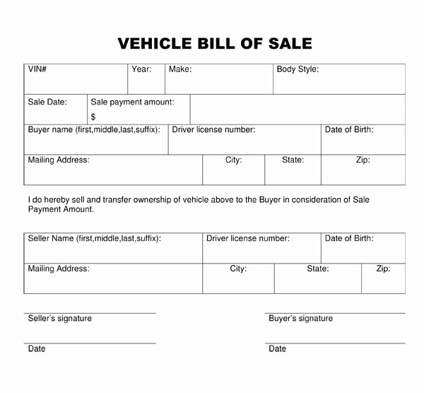 Vehicle Bill Of Sale Example Unique Bill Sale Vehicle Template