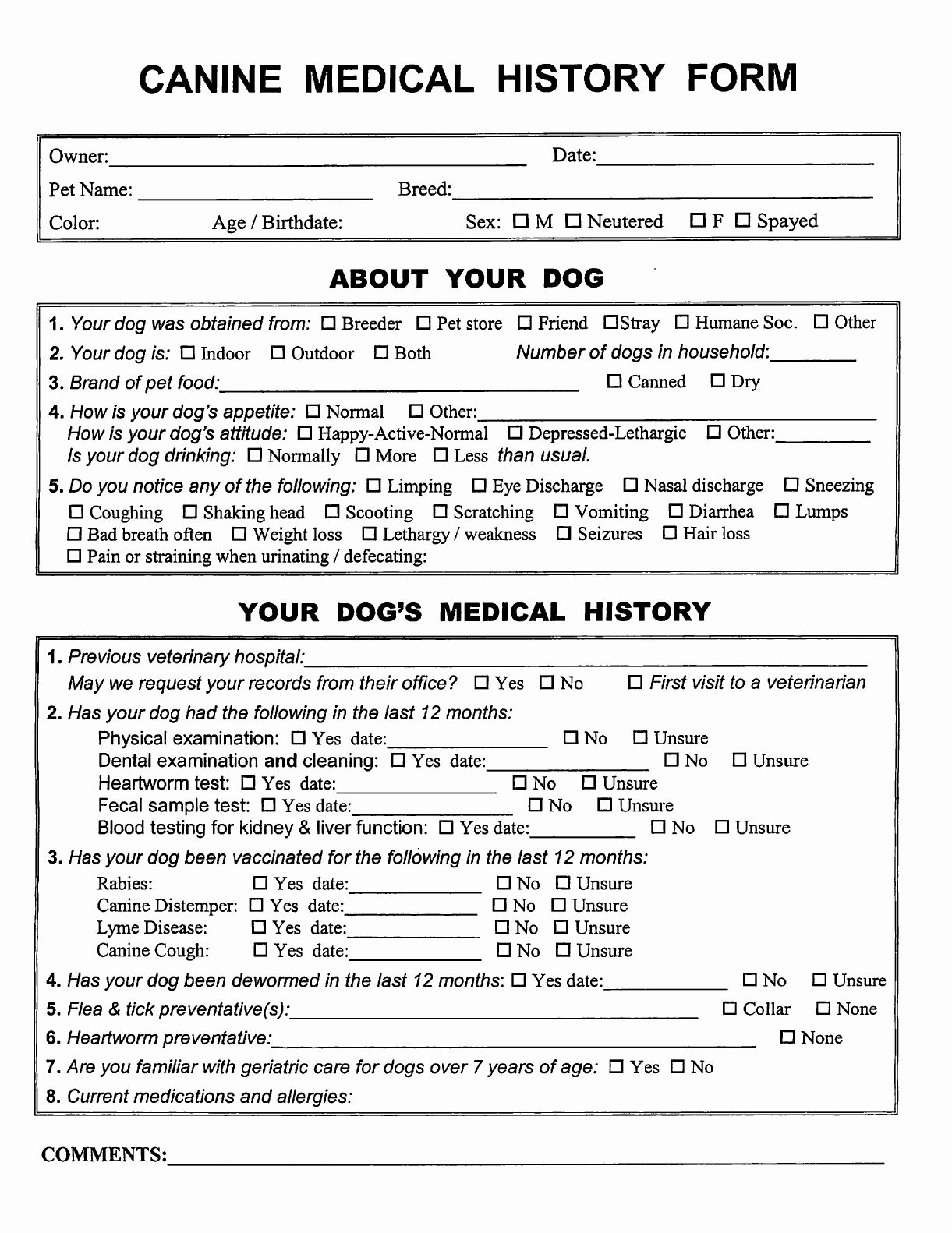 Veterinary Medical Records Templates New Download Canine Medical History form for Free formtemplate