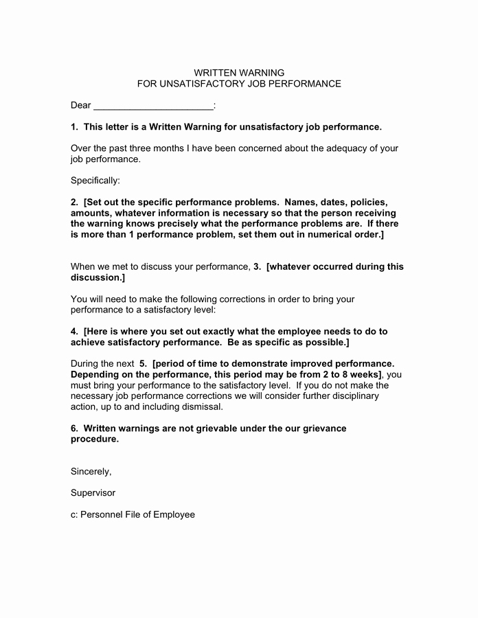 Warning Letter for Unsatisfactory Performance Lovely Written Warning for Unsatisfactory Job Performance