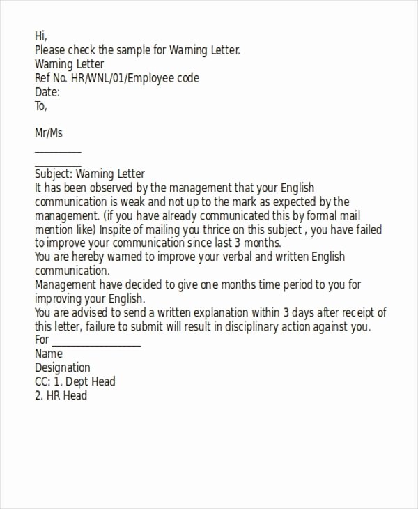 Warning Letter for Unsatisfactory Performance New Template Warning Letter Employee Poor Performance
