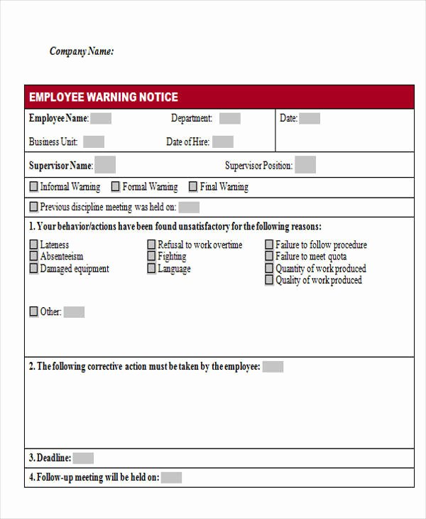 Warning Sheets for Employees Awesome Notice form Example