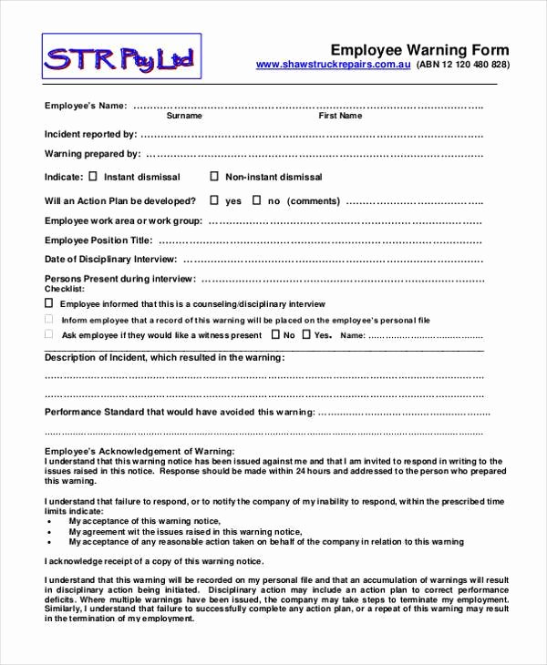 Warning Sheets for Employees New Sample Employee Warning forms 9 Free Documents In Word Pdf