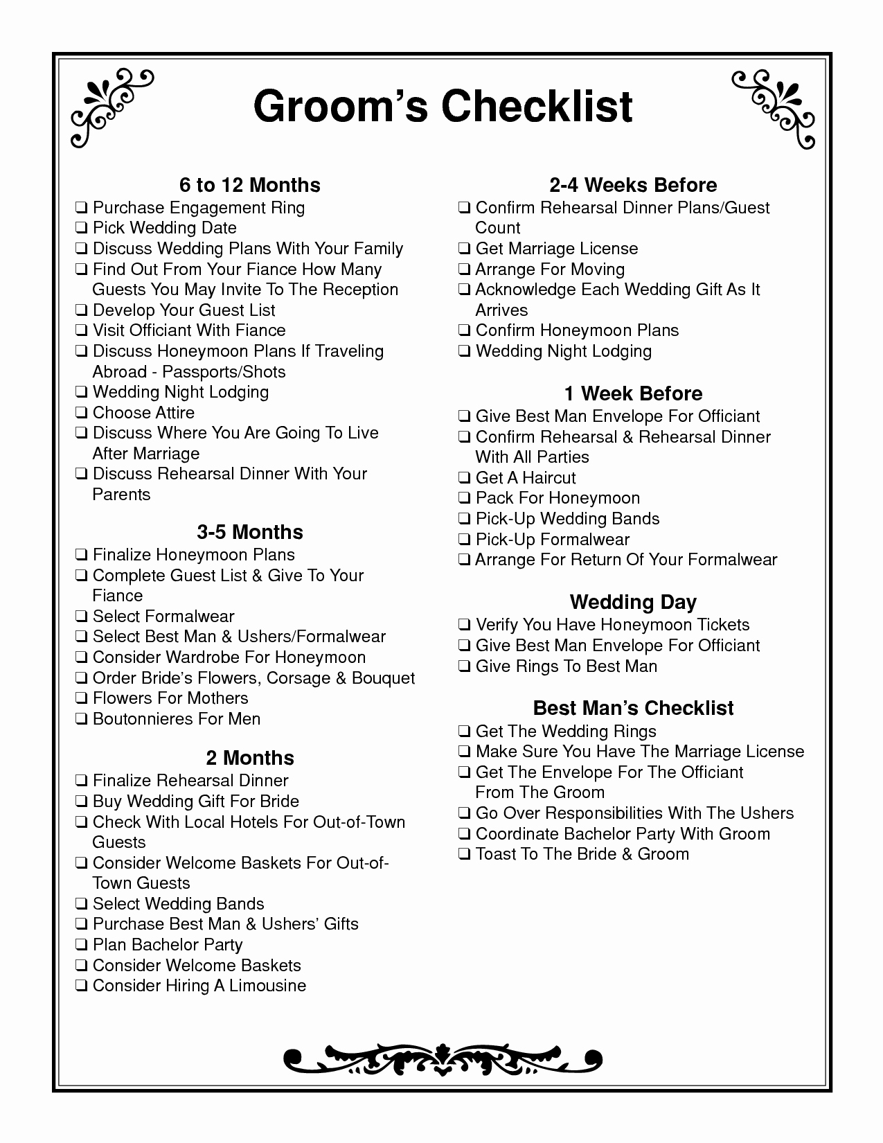 Wedding Day Checklist Printable Lovely Groom Checklist Wedding Checklist