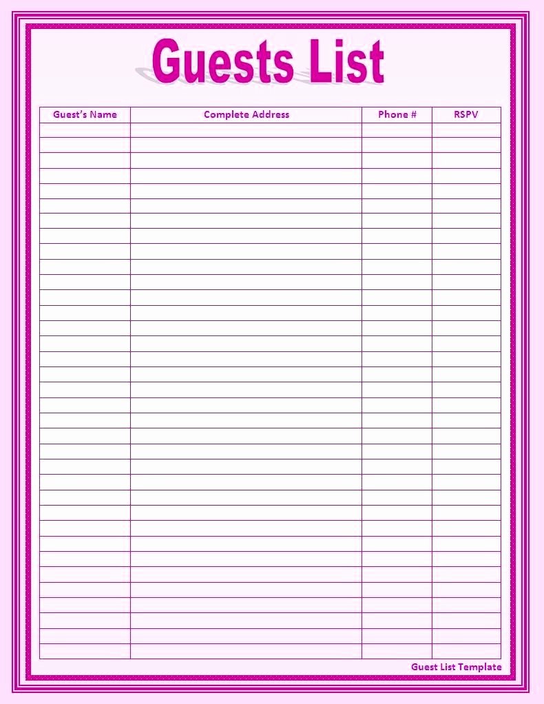 Wedding Guest List Template Printable Best Of Free Checklist Paper Templates Print Docs Pink Sales