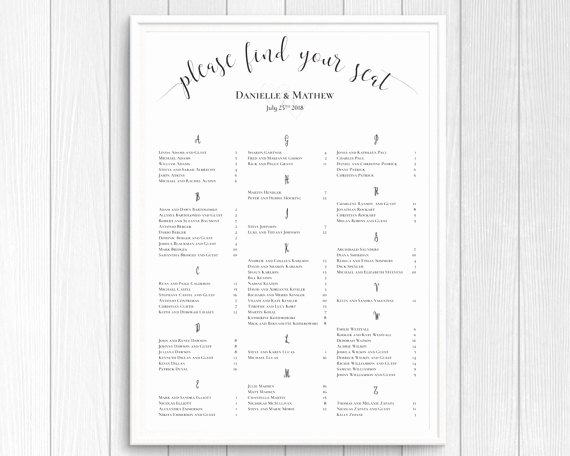 Wedding Seating Chart Alphabetical Luxury Printable Wedding Seating Chart Poster Seating Chart Sign