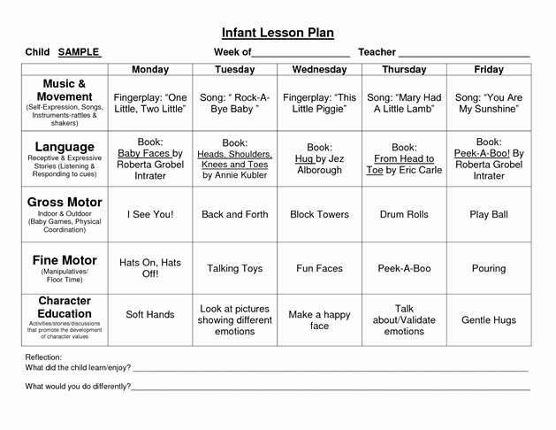 Weekly Lesson Plans for Infants Inspirational Provider Sample Lesson Plan Template School