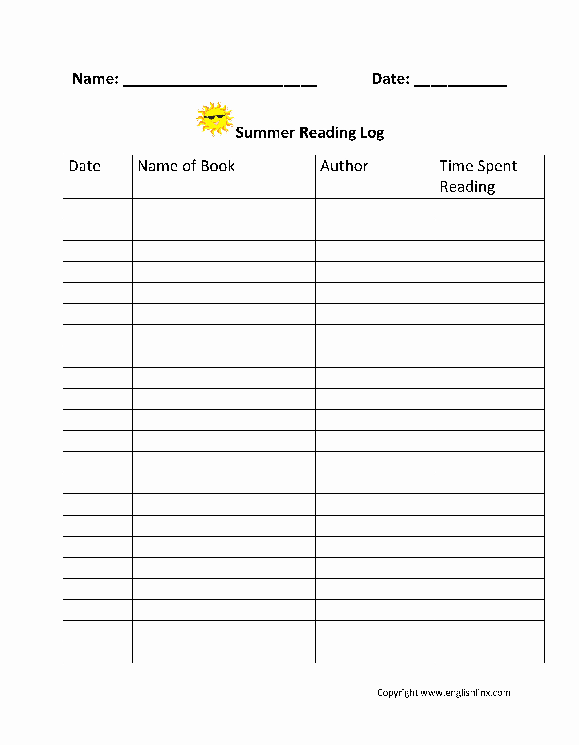 Weekly Reading Log Template New Summer Reading Log Englishlinx Board