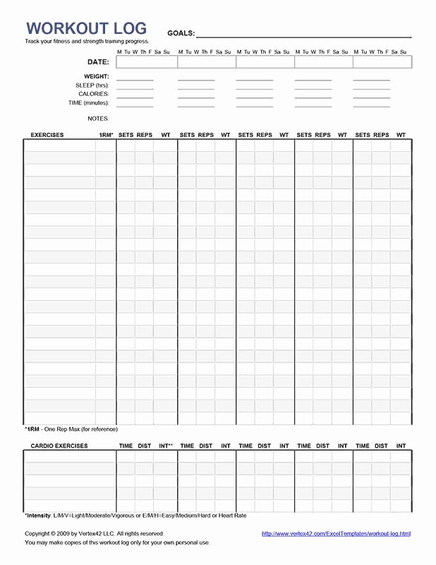 Work Out Chart Luxury Free Printable Workout Log Pdf From Vertex42