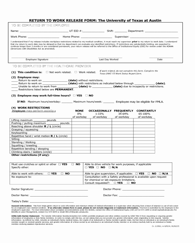 Work Release form From Hospital Inspirational Return to Work Release form the University Of Texas at