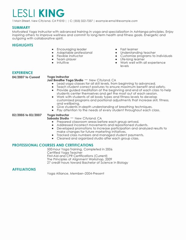Yoga Teacher Resume Sample Luxury Unfor Table Yoga Instructor Resume Examples to Stand Out